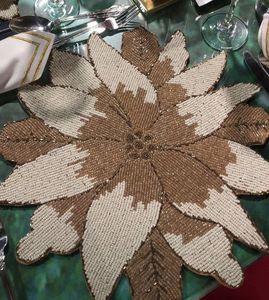 Handmade Beaded <b>Placemat</b> With Linen Bow <b>Gold</b> Trim Elegant Table Decoration For Home Dining Needlework - Product Image 3
