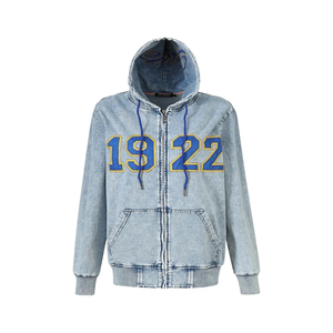 เสื้อฮู้ดซิปเต็มตัวสีน้ำเงินเดนิม SGRHO แขนยาว ลายตัวอักษรกรีก เสื้อฮู้ดมีซิปด้านหน้า สไตล์ลำลอง แฟชั่นสำหรับชมรมนักเรียน - Product Image 1