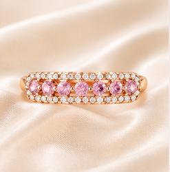 925 Sterling <b>Silver</b> Pink Gemstone <b>Eternity</b> <b>Ring</b> with Double Halo CZ Accents – Rose Gold Plated Luxury Women's <b>Ring</b> - Product Image 4