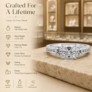 Anillo de compromiso con diamante de corte princesa de 0.60 quilates |   Engaste de Oro Blanco con Puntas |   Joyería Fina Nupcial con Tres Piedras Incrustadas para Mujer - Product Image 5