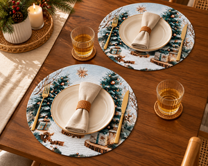 Set de table rond de Noël imprimé avec des arbres enneigés, des lanternes et des cadeaux, motif classique de décoration intérieure - Product Image 2