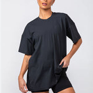 <b>Women</b> Oversized Crew Neck T-<b>Shirt</b> Solid Color Short Sleeve Knitted Loose Fit Breathable All Seasons <b>Black</b> - Product Image 3