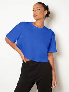 OEM Blue Women's Shirts Oversized Short Sleeve Crop <b>Top</b> Drop Shoulder Loose Fit Cotton Spandex Plain Tee Custom Manufacturer - Product Image 5