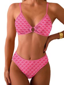 Conjunto de Bikini de 2 Piezas Sexy para Mujer, Estampado Floral Personalizado, Escote Pronunciado, Cintura Alta, Traje de Baño de Verano, Spandex y Poliéster - Product Image 1