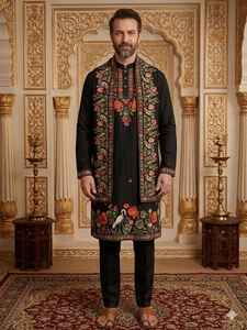 Conjunto de Kurta y Pijama Bordado en Seda de Primera Calidad para Hombre |   Ropa Étnica de Diseño para Hombres para Bodas y Festivales - Product Image 3