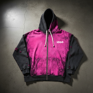 Wholesale Streetwear Comfortable Fabric with logo Custom Acid Wash Rhinestone Vintage Oversized Boxy Cotton <b>Zip</b> up Men's Hoodie - Product Image 2