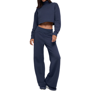 Cropped Turtleneck Coverup and Wide Leg Sweatpants Set Women 2 piece Cotton French Terry <b>Lounge</b> Set Custom Factory Wholesale OEM - Product Image 1