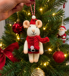 Cute Knitted Mouse Christmas Decoration in <b>Red</b> Santa Hat and Scarf Handmade <b>Ornament</b> - Product Image 1