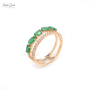 Anillo Apilable de Doble Aro con Esmeralda Natural de Corte Ovalado de 5x3mm y Halo de Diamantes en Oro Rosa de 14k, Joyería de Compromiso, Tendencia Actual - Product Image 5