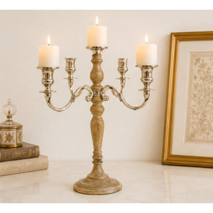 5 Arm Wooden and <b>Silver</b> Metal Candelabra Tall <b>Candlestick</b> Holder Tabletop Centerpiece Stand for Wedding Party and Hotel Decor - Product Image 4
