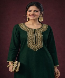 ชุดเสื้อผ้าผู้หญิงสไตล์โมเดิร์น ผ้าเรยอนสลับลายปักเลื่อม ผ้าฝ้าย งานปักมือ ชุดเซ็ตสำหรับงานเทศกาล ราคาขายส่ง เสื้อผ้าชาติพันธุ์ สีเขียว เสื้อคุर्ติ - Product Image 1