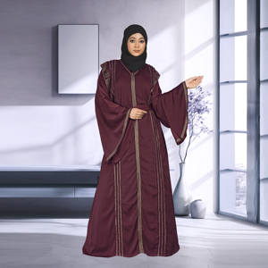 Nida Modest Islamic <b>Eid</b> Abaya V Neck Decorative Vertical Embellished Panels Adjustable Waist Tie Flowy Sleeve Floor Length Party - Product Image 5