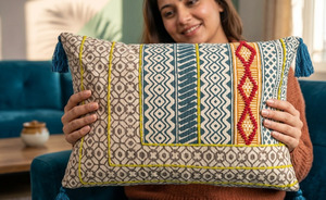 ABSTRACT INDIA Golden Fern Geo Play Embroidered Eco-friendly Bohemian Floral 100% Cotton Customizable Rectangle <b>Cushion</b> <b>Cover</b> - Product Image 1