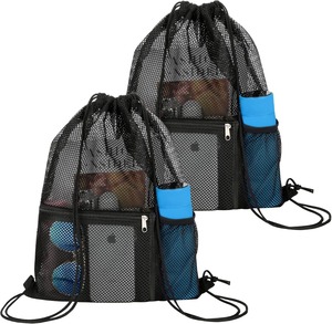 Custom Breathable Mesh Drawstring Gym Bag With Zipper Pocket Water Bottle Pocket Lightweight Swim Beach Sports Backpack For Bulk - Product Image 1