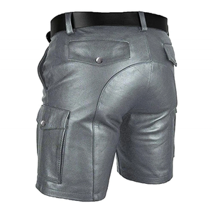 <b>Men's</b> Gray <b>Leather</b> Cargo <b>Shorts</b> Mid-Waist Zipper-Fly Moto Biker Style With Side-Pockets Solid-Color <b>Short</b> Length - Product Image 4