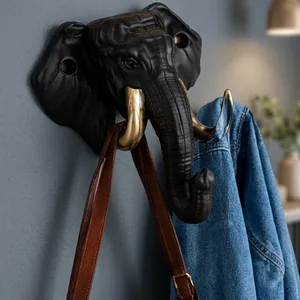 Elephant Head Wall Hook Cast Iron Black With Brass Tusks Novelty Coat Rack Entryway Mounting - Product Image 5