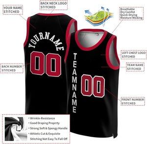 Maillot de basket-ball personnalisé noir et rouge à manches courtes en maille respirante à séchage rapide 100% coton unisexe - Product Image 3