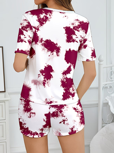 Tie Dye Knot Front High Rise Women's Pajama Set Cozy Round Neck Short Sleeve Top Elastic Waist Shorts Starry Night 100% Cotton - Product Image 6