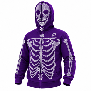 Men’s Purple Rhinestone Skeleton Hoodie <b>Jacket</b> with Full Zip Balaclava Mask Crystal Skull Bone Design <b>Gothic</b> Hip Hop Streetwear - Product Image 1