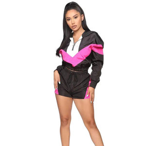 <b>Women</b> Color Block Black Pink Tracksuit Set Hooded Crop <b>Jacket</b> With Matching Shorts Sportswear Streetwear Spring Casual Wear - Product Image 3