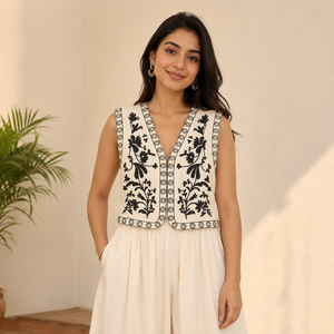 Chaleco de Algodón Reversible Bordado con Flores para Mujer, Chaleco sin Mangas Acolchado, Chaqueta Étnica Boho Hecha a Mano - Product Image 1
