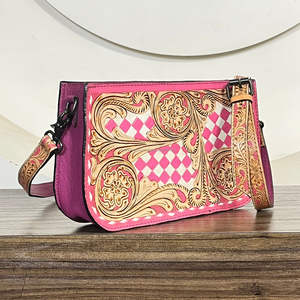 Ensemble assorti sac à main et portefeuille en cuir de vachette fait main, motif à carreaux rose et blanc, prix bas, personnalisable en usine - Product Image 5