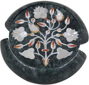 Posavasos de mármol verde con incrustaciones de nácar, juego de 4, 5 pulgadas - Product Image 2