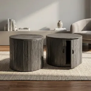 Greyed Teak Wood Coffee <b>Table</b> With Doors Round <b>Rustic</b> <b>Side</b> <b>Table</b> Accent Furniture Living Room Home Interior Decor - Product Image 3