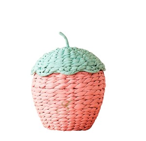 Pink Strawberry Water Hyacinth Storage <b>Basket</b> with Lid <b>Woven</b> Fruit Shaped Toy Organizer Bin for Kids Room Decor - Product Image 1
