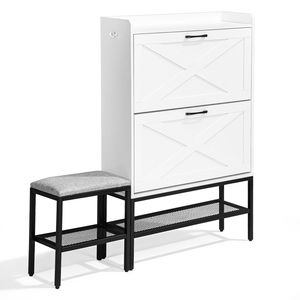 Scarpiera in MDF stile porta da fienile con 2 scomparti ribaltabili, gambe in metallo a rete e cuscinetti morbidi, 1 gancio - Portascarpe - Product Image 3