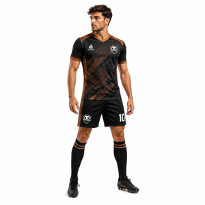 Ensemble de maillots de football personnalisés sublimés, noir et marron, manches courtes, col en V, uniforme sportif avec shorts et chaussettes assortis - Product Image 2