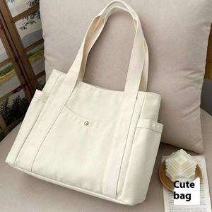 Multipurpose <b>Canvas</b> Tote <b>Bag</b> with External Pockets <b>Large</b> Capacity Cotton Handbag for Daily Shopping and Travel Convenience - Product Image 6