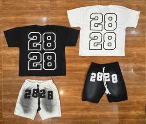 Conjunto de Camiseta de Cuello Redondo y Pantalones Cortos de Verano de Alta Calidad con Logotipo Personalizado, Estampado Vintage con Efecto Ácido, Traje Deportivo de 2 Piezas - Product Image 1