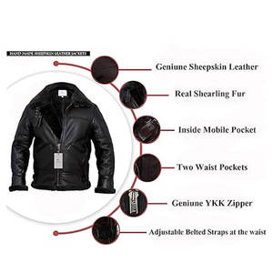 Chaqueta Bomber para Hombre, Chaqueta de Aviador con Forro de Piel de Oveja Auténtica, Chaqueta de Cuero para Invierno, Chaqueta de Piloto Negra con Cuello de Piel - Product Image 2