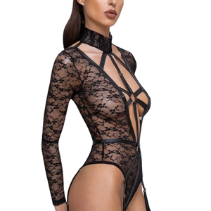 Women's Black <b>Lace</b> <b>Bodysuit</b> Sheer Hollow Out Strappy Sexy Lingerie <b>Long</b> <b>Sleeve</b> High Neck - Product Image 1