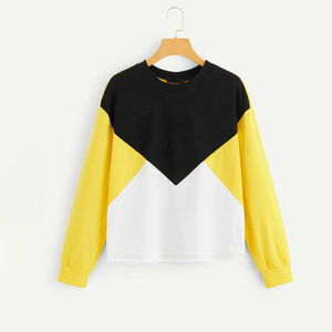 Sweat-shirt à col rond à manches longues pour femmes, colorblock noir, jaune et blanc, chevron, OEM ODM, vêtements en gros - Product Image 5