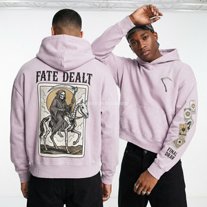 Sudadera con capucha gráfica de algodón polar de 400 GSM de alto gramaje con estampado de la carta del Tarot Lavender Pastel Fate Dealt y diseño Reaper, estilo streetwear con hombros caídos para hombre - Product Image 1