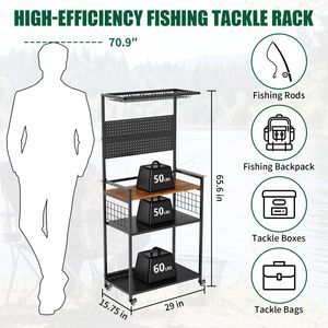 Chariot de rangement multi-niveaux à roulettes pour cannes à pêche avec support pour moulinets et équipement de pêche - Product Image 2