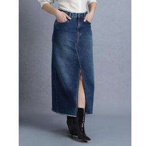 Jupe en jean pour femme, jupe midi avec fente avant, jupe longue droite pour femme - Product Image 2