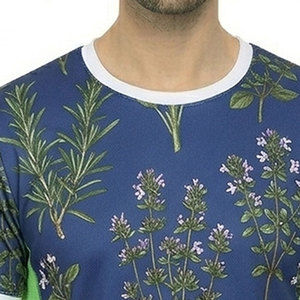 Camiseta de Manga Corta con Estampado Floral, Cuello Redondo, Corte Regular, Transpirable, Estilo Casual, Azul con Detalles Verdes para Hombre - Product Image 2