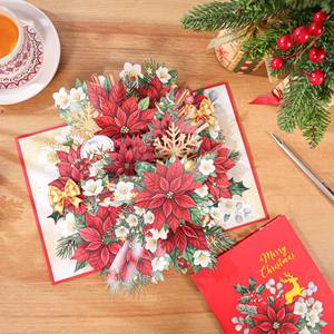 Carte de vœux pop-up florale de Noël Viet-craft, en carton découpé, motif poinsettia et flocon de neige, impression numérique, rectangulaire - Product Image 1