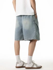 Shorts Bermuda en jean délavé écologique vintage pour homme, taille haute élastique, style décontracté, gris clair, 100 % coton - Product Image 3