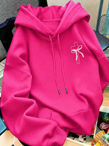 Custom Women Hoodies Hot Pink Oversized Cotton Fleece <b>Drop</b> Shoulder Bow Cross <b>Back</b> Graphic Pullover Private Label Factory Direct - Product Image 3