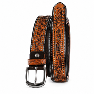 Cinturón de Cuero Genuino Hecho a Mano de Primera Calidad para Hombre, Cinturón Occidental Informal con Grabado Floral Decorativo - Product Image 1
