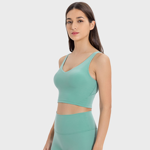 Sujetador deportivo para mujer sin espalda, con espalda cruzada y cuello redondo, color liso, sin costuras, transpirable, para fitness, soporte medio, con encaje - Product Image 1