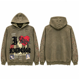 Sudadera con Capucha Extra Grande de Primera Calidad, Color Verde Oliva, Lavado Ácido, Diseño Gráfico Desgastado, Estilo Hip Hop Urbano, Raglán - Product Image 1