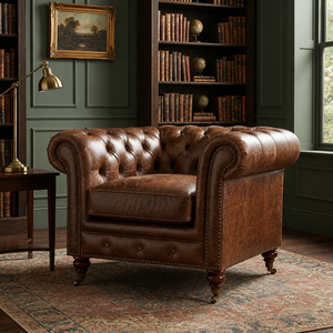 Sillón Chesterfield de cuero genuino con respaldo capitoné para sala de estar, sillón de cuero marrón con patas de madera, muebles de cuero - Product Image 1