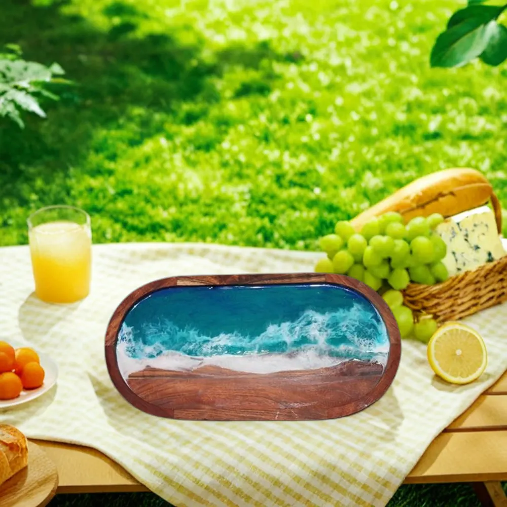 Strand-Themen hölzernes Serviertablett mit Epoxidharz für Küsten- und Meeres-Inspirations-Essen