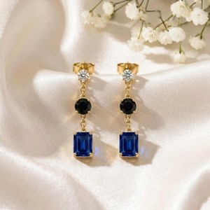 Sapphire Rectangle & Black Obsidian Round Drop <b>Earrings</b> Elegant Minimalist Gemstone Dangle <b>Stud</b> <b>Earrings</b> Handmade Jewelry Gift - Product Image 6