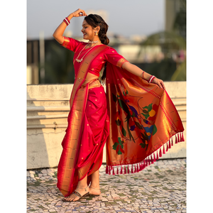 Sari Paithani de Seda Suave Rosa con Motivos de Lunares Tejidos con Hilo Zari y Pallu de Pavo Real para Bodas, Ropa India y Pakistaní - Product Image 5